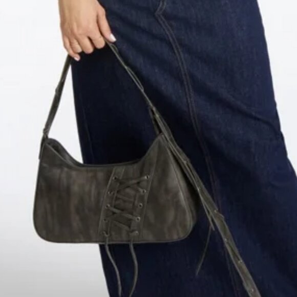 Laced-Up Detail Shoulder Bag Distressed Black - Picture 6 of 6